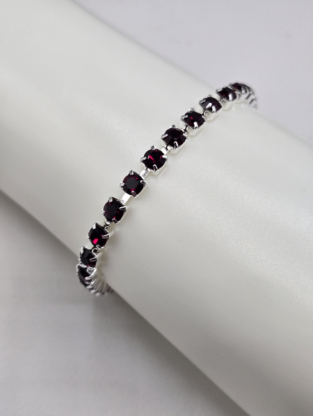 Swarovski Crystal Elements Silver Tennis Bracelet Dark Red Garnet 7.5 inch Prom